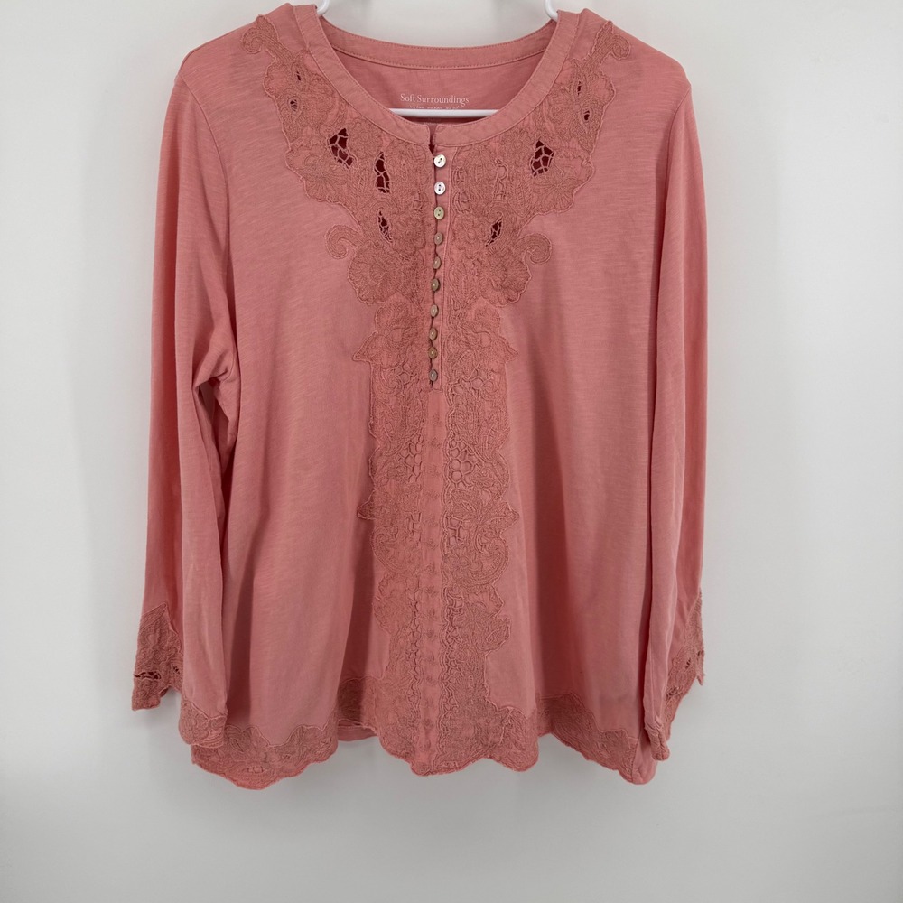 Soft Surroundings Rose Pink Lace Embroidered Cotton Henley Top XL Long Sleeve